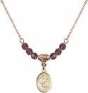 18-Inch Hamilton Gold Plated Necklace with 4mm Amethyst Birthstone Beads and Saint Scholastica Charm.