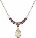 18-Inch Hamilton Gold Plated Necklace with 4mm Amethyst Birthstone Beads and Saint Sebastian Charm.