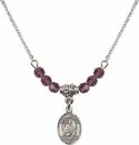 18-Inch Rhodium Plated Necklace with 4mm Amethyst Birthstone Beads and Saint William of Rochester Charm.