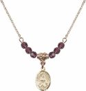 18-Inch Hamilton Gold Plated Necklace with 4mm Amethyst Birthstone Beads and Saint Julie Billiart Charm.