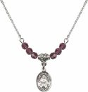 18-Inch Rhodium Plated Necklace with 4mm Amethyst Birthstone Beads and Saint Julie Billiart Charm.