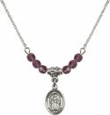 18-Inch Rhodium Plated Necklace with 4mm Amethyst Birthstone Beads and Saint Sophia Charm.