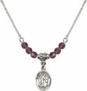 18-Inch Rhodium Plated Necklace with 4mm Amethyst Birthstone Beads and Saint Sebastian/Basketball Charm.