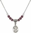 18-Inch Rhodium Plated Necklace with 4mm Amethyst Birthstone Beads and Saint Sebastian/Soccer Charm.