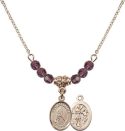 18-Inch Hamilton Gold Plated Necklace with 4mm Amethyst Birthstone Beads and Saint Sebastian/Ice Hockey Charm.