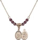 18-Inch Hamilton Gold Plated Necklace with 4mm Amethyst Birthstone Beads and Saint Sebastian/Tennis Charm.