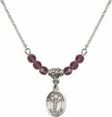 18-Inch Rhodium Plated Necklace with 4mm Amethyst Birthstone Beads and Saint Sebastian/Cheerleading Charm.