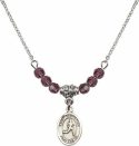 18-Inch Rhodium Plated Necklace with 4mm Amethyst Birthstone Beads and Saint Sebastian/Track & Field Charm.