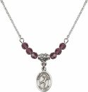 18-Inch Rhodium Plated Necklace with 4mm Amethyst Birthstone Beads and Saint Sebastian/Figure Skating Charm.