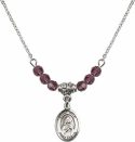 18-Inch Rhodium Plated Necklace with 4mm Amethyst Birthstone Beads and Saint Rita / Baseball Charm.