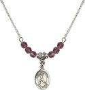 18-Inch Rhodium Plated Necklace with 4mm Amethyst Birthstone Beads and Saint Sebastian/Softball Charm.