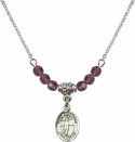 18-Inch Rhodium Plated Necklace with 4mm Amethyst Birthstone Beads and Saint Sebastian / Volleyball Charm.