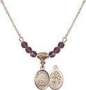 18-Inch Hamilton Gold Plated Necklace with 4mm Amethyst Birthstone Beads and Saint Sebastian / Fishing Charm.