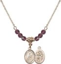 18-Inch Hamilton Gold Plated Necklace with 4mm Amethyst Birthstone Beads and Saint Sebastian / Rodeo Charm.