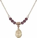 18-Inch Hamilton Gold Plated Necklace with 4mm Amethyst Birthstone Beads and Saint Anastasia Charm.