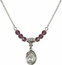 18-Inch Rhodium Plated Necklace with 4mm Amethyst Birthstone Beads and Saint Anastasia Charm.