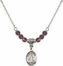 18-Inch Rhodium Plated Necklace with 4mm Amethyst Birthstone Beads and Saint Rachel Charm.