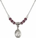 18-Inch Rhodium Plated Necklace with 4mm Amethyst Birthstone Beads and Saint Julia Billiart Charm.