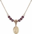 18-Inch Hamilton Gold Plated Necklace with 4mm Amethyst Birthstone Beads and Saint Roch Charm.