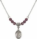 18-Inch Rhodium Plated Necklace with 4mm Amethyst Birthstone Beads and Saint Roch Charm.
