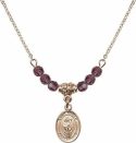 18-Inch Hamilton Gold Plated Necklace with 4mm Amethyst Birthstone Beads and Saint Ronan Charm.