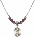 18-Inch Rhodium Plated Necklace with 4mm Amethyst Birthstone Beads and Saint Ronan Charm.