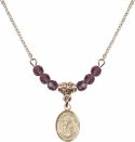 18-Inch Hamilton Gold Plated Necklace with 4mm Amethyst Birthstone Beads and Saint Kenneth Charm.