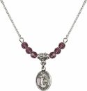 18-Inch Rhodium Plated Necklace with 4mm Amethyst Birthstone Beads and Saint Kenneth Charm.
