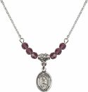 18-Inch Rhodium Plated Necklace with 4mm Amethyst Birthstone Beads and Saint Regina Charm.
