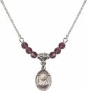 18-Inch Rhodium Plated Necklace with 4mm Amethyst Birthstone Beads and Saint Rafka Charm.