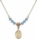 18-Inch Hamilton Gold Plated Necklace with 4mm Aqua Birthstone Beads and Saint Roch Charm.