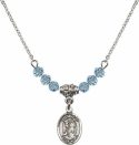 18-Inch Rhodium Plated Necklace with 4mm Aqua Birthstone Beads and Saint Roch Charm.