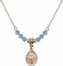 18-Inch Hamilton Gold Plated Necklace with 4mm Aqua Birthstone Beads and Saint Ronan Charm.