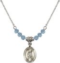 18-Inch Rhodium Plated Necklace with 4mm Aqua Birthstone Beads and Saint Ronan Charm.