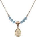 18-Inch Hamilton Gold Plated Necklace with 4mm Aqua Birthstone Beads and Saint Kenneth Charm.