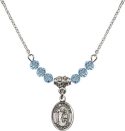 18-Inch Rhodium Plated Necklace with 4mm Aqua Birthstone Beads and Saint Kenneth Charm.