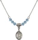 18-Inch Rhodium Plated Necklace with 4mm Aqua Birthstone Beads and Saint Regina Charm.