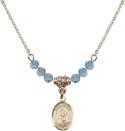 18-Inch Hamilton Gold Plated Necklace with 4mm Aqua Birthstone Beads and Saint Rafka Charm.