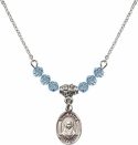 18-Inch Rhodium Plated Necklace with 4mm Aqua Birthstone Beads and Saint Rafka Charm.