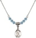 18-Inch Rhodium Plated Necklace with 4mm Aqua Birthstone Beads and Saint Maron Charm.