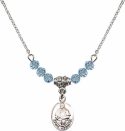 18-Inch Rhodium Plated Necklace with 4mm Aqua Birthstone Beads and Pope Francis Charm.