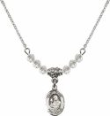 18-Inch Rhodium Plated Necklace with 4mm Crystal Birthstone Beads and Saint Clare of Assisi Charm.