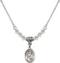 18-Inch Rhodium Plated Necklace with 4mm Crystal Birthstone Beads and Saint Scholastica Charm.