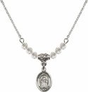 18-Inch Rhodium Plated Necklace with 4mm Crystal Birthstone Beads and Saint Sophia Charm.