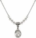 18-Inch Rhodium Plated Necklace with 4mm Crystal Birthstone Beads and Saint Sebastian/Basketball Charm.
