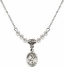 18-Inch Rhodium Plated Necklace with 4mm Crystal Birthstone Beads and Saint Sebastian/Figure Skating Charm.