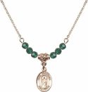 18-Inch Hamilton Gold Plated Necklace with 4mm Emerald Birthstone Beads and Saint Seraphina Charm.