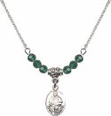 18-Inch Rhodium Plated Necklace with 4mm Emerald Birthstone Beads and Pope Francis Charm.